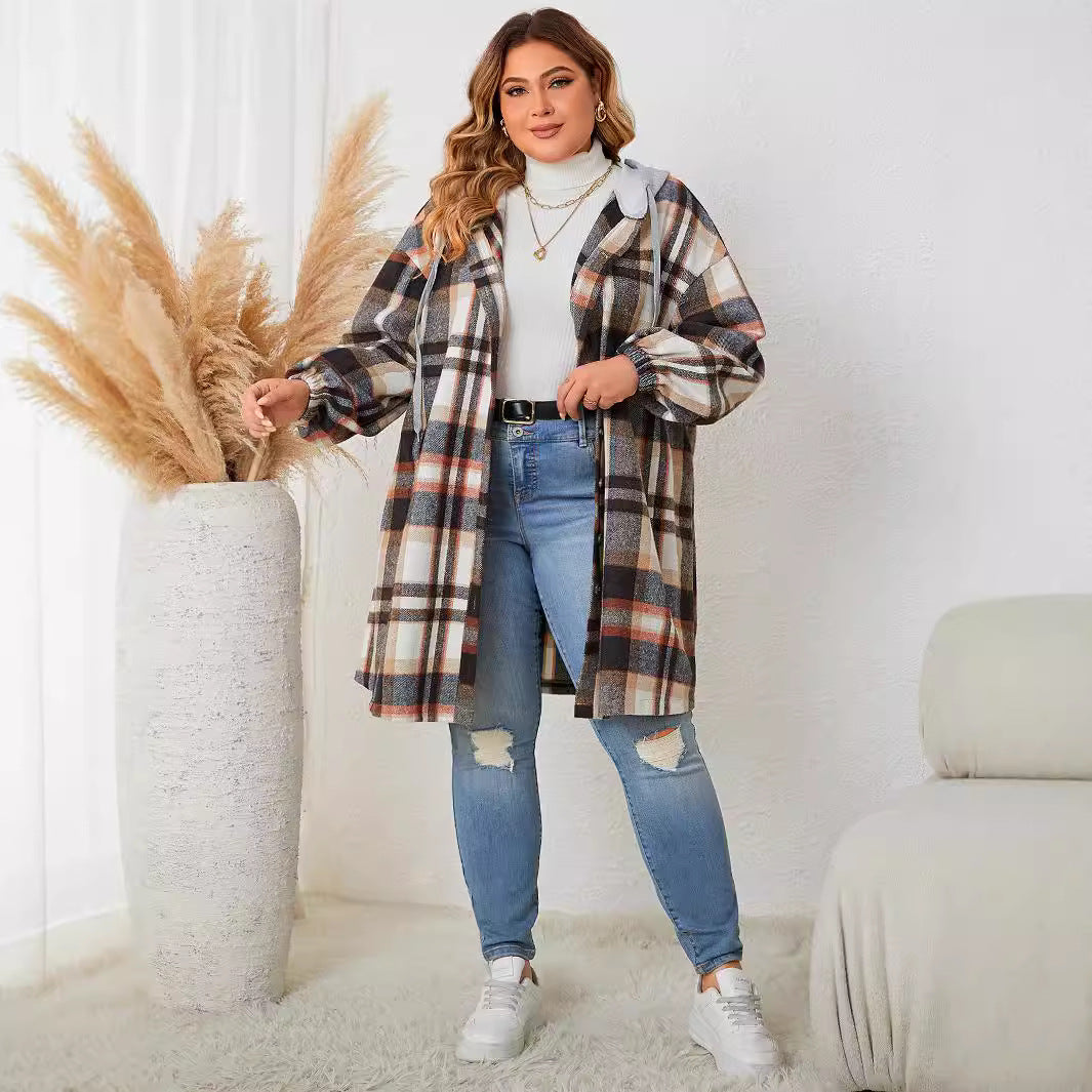 Plaid Hooded Long Coat For Plus Size Women