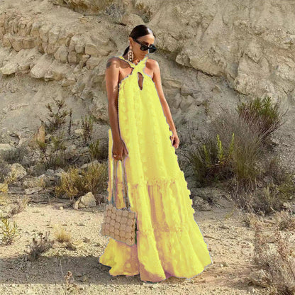 Elegant Solid Color Maxi Dress With 3D Floral Details