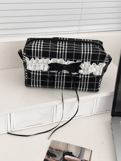 Black And White Plaid Storage Bag Stylish Lace Edges Makeup Organizer