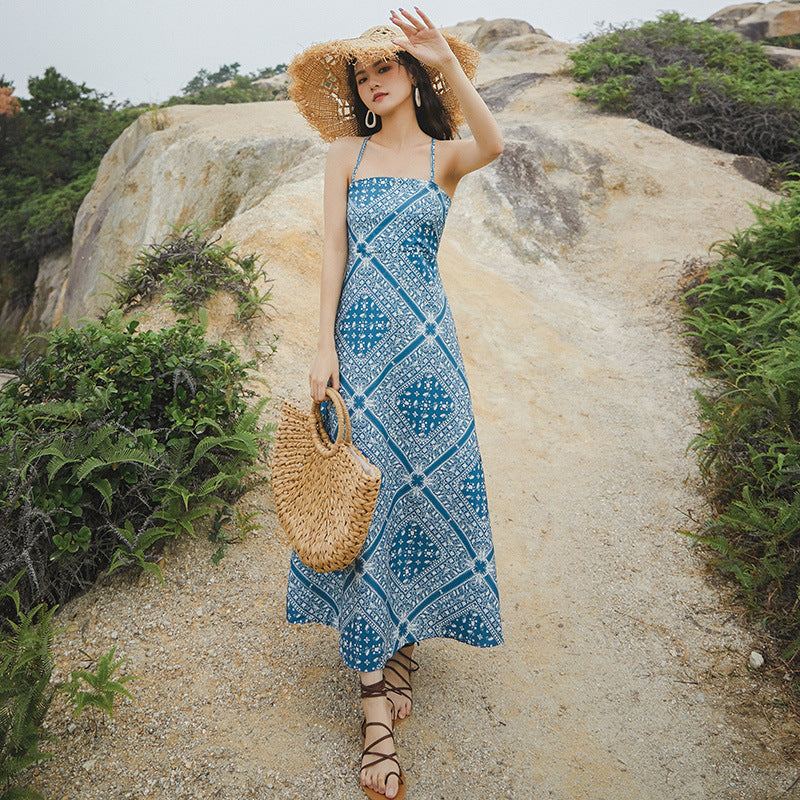Women'S Summer New Lace-Up Backless Slip Dress Vintage Blue Midi Vacation Dress