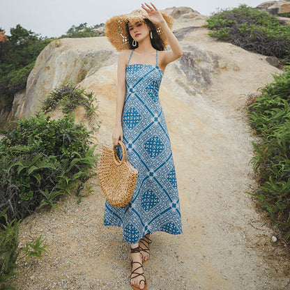 Women'S Summer New Lace-Up Backless Slip Dress Vintage Blue Midi Vacation Dress