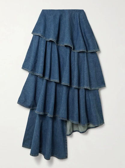 Trendy Denim Two-Piece Set With Asymmetrical Ruffled Skirt