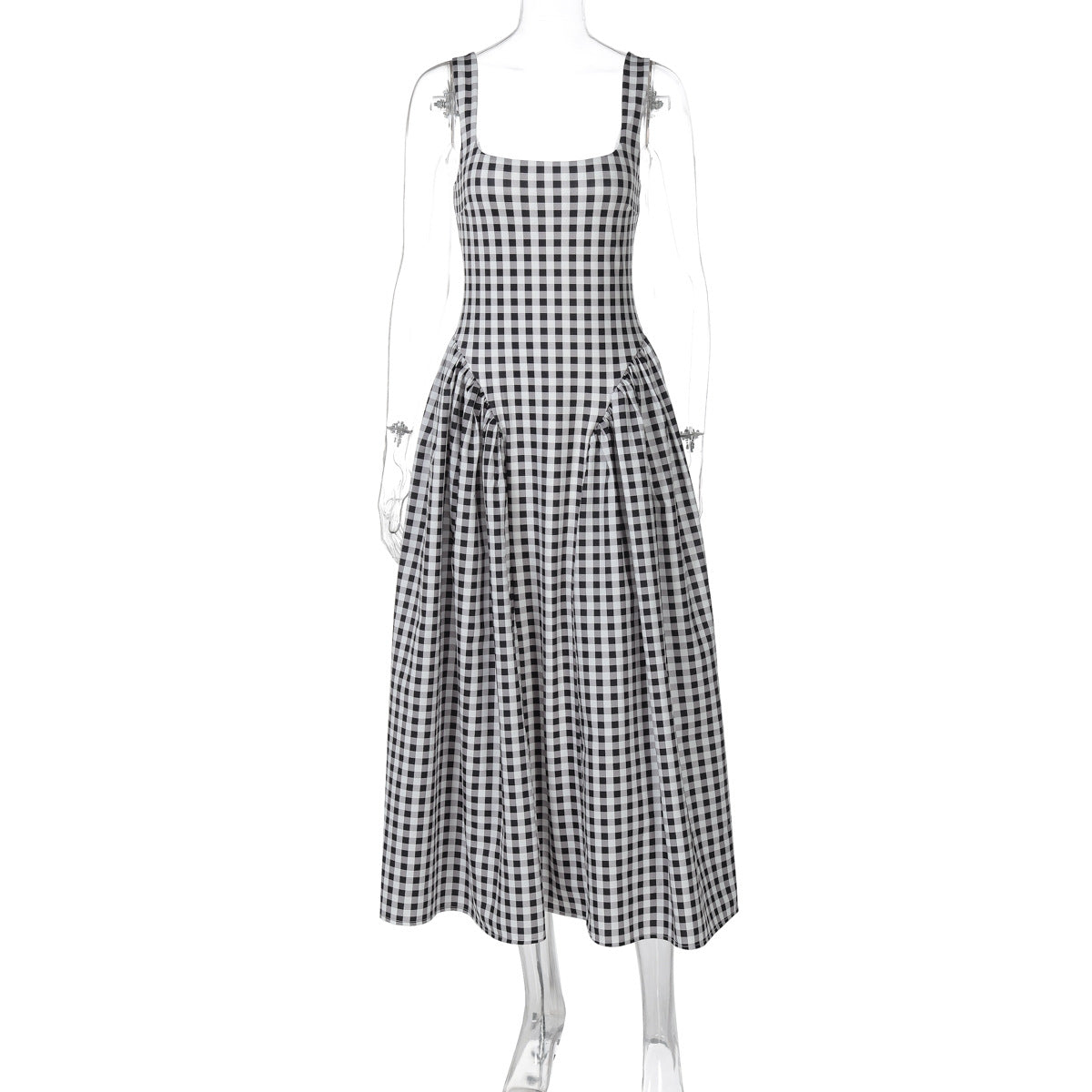 Stylish French Checkered Print Midi Dress with Backless Design