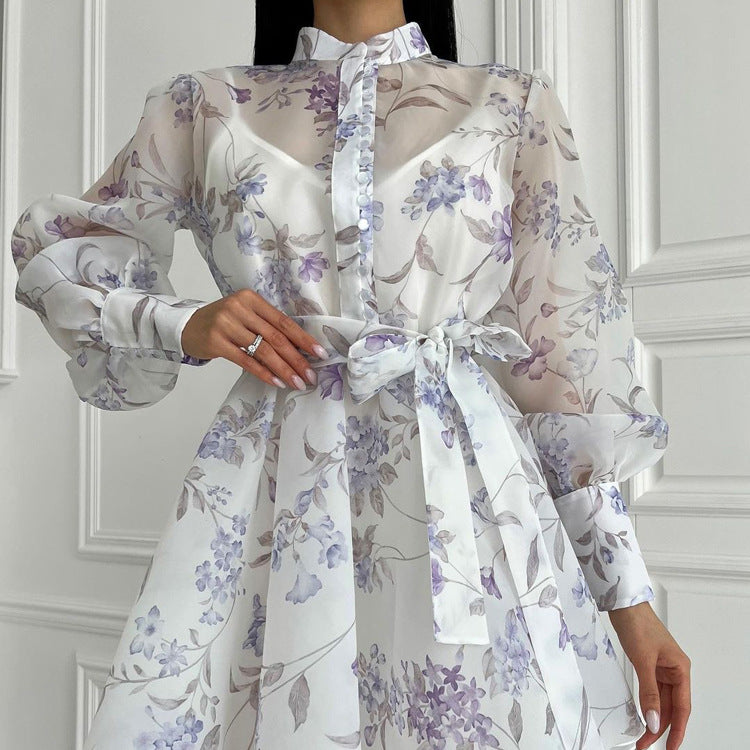 Elegant Floral A-Line Dress with Long Sleeves