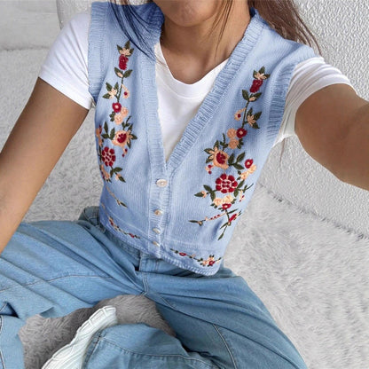 Floral Embroidery V-Neck Knit Sweater Vest