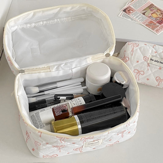 Sweet Bowknot Makeup Bag Quilted Portable Beauty Organizer