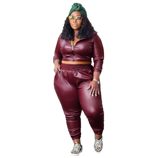 Plus Size Women'S Fashion Casual Two-Piece Pu Leather Set