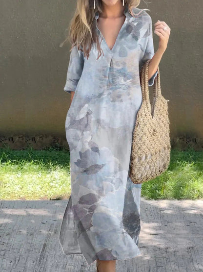 New Casual Summer Loose Skirt Slit V-Neck Print Imitation Hemp Dress Cotton