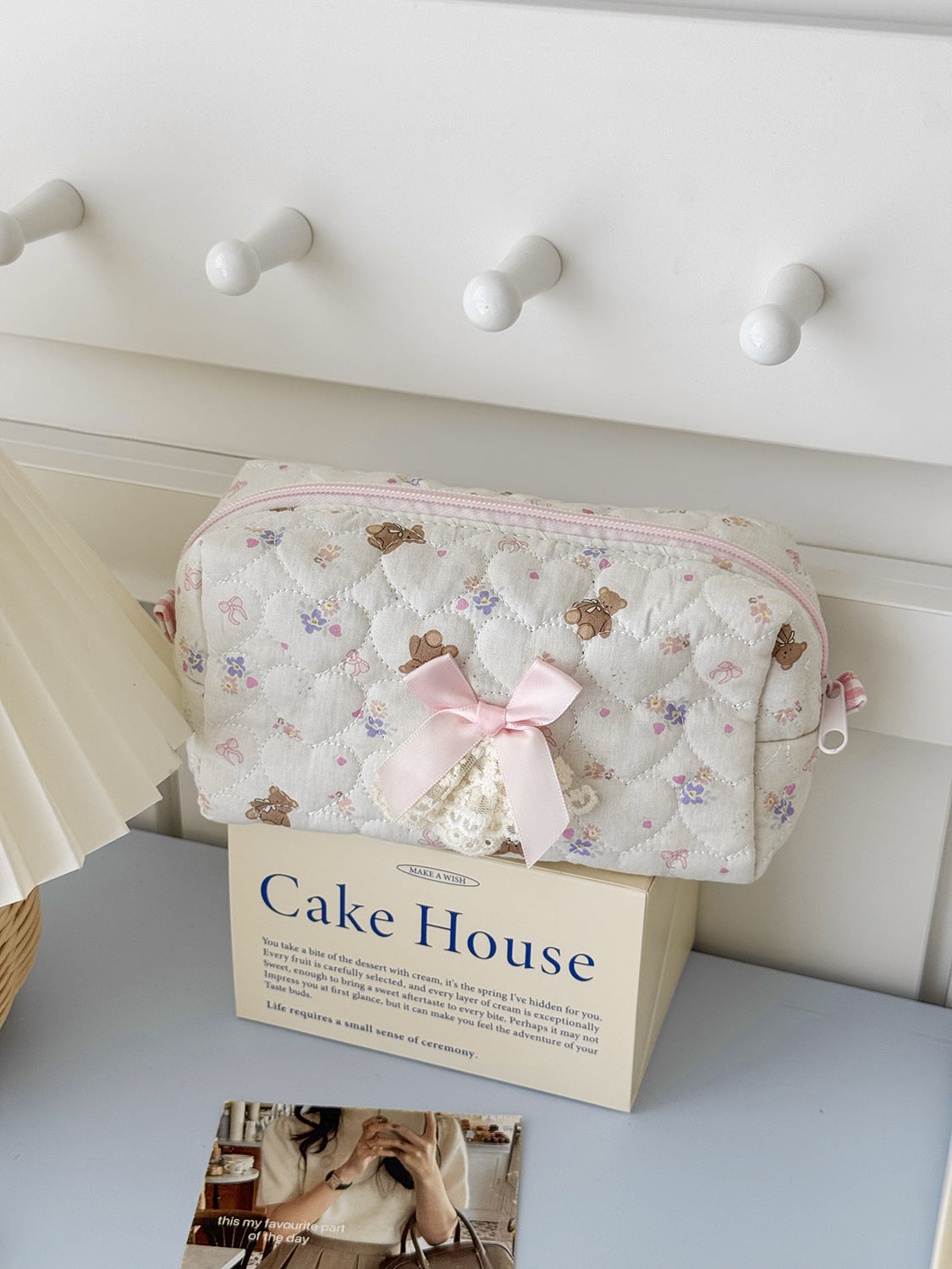 Cute Bear Heart Storage Bag Quilted Design Lightweight Pencil Case