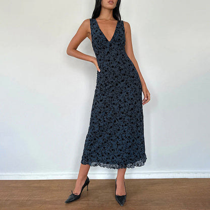 V-Neck Floral Midi Dress Slim Fit Polyester Casual