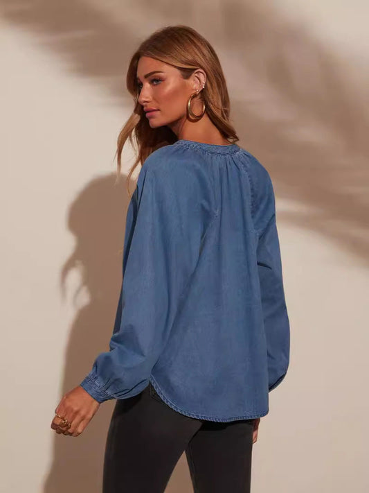 Casual V-Neck Denim Long Sleeve Top