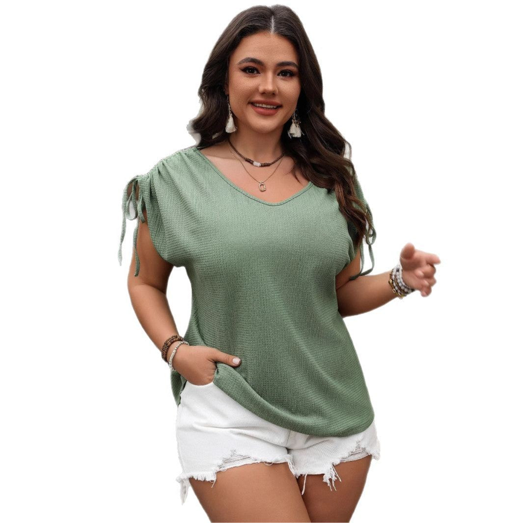 V-Neck Drawstring Short Sleeve Loose Top For Women