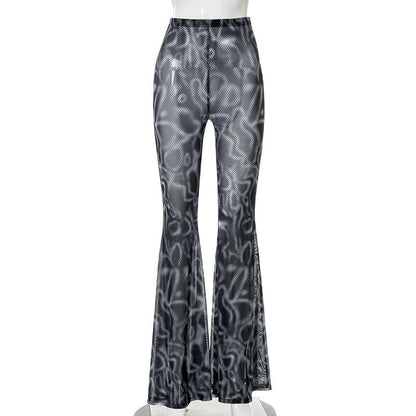 Printed High Waist Gauze Net Slightly Transparent Fashion Casual Women'S Horn Pants