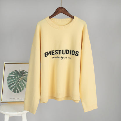 Letter Pattern Knitted Sweatshirt Casual Pullover for Women