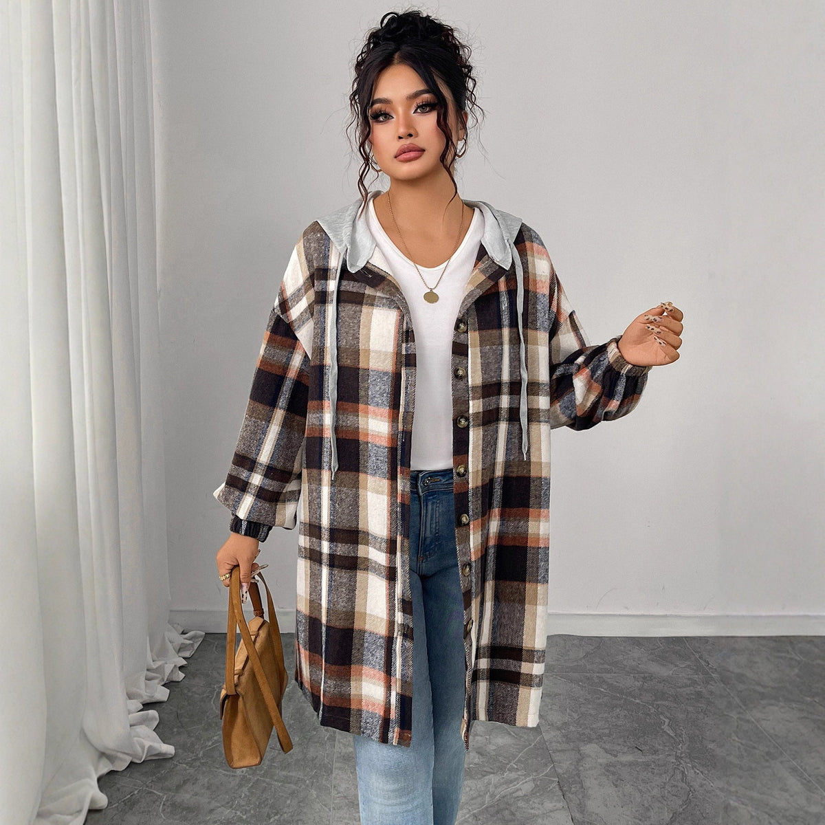 Checkerboard Pattern Hooded Cotton Jacket Casual Vintage Loose Fit