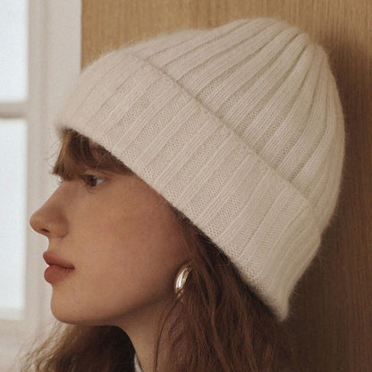 Classic Striped Knit Rabbit Fur Blend Beanie Hat