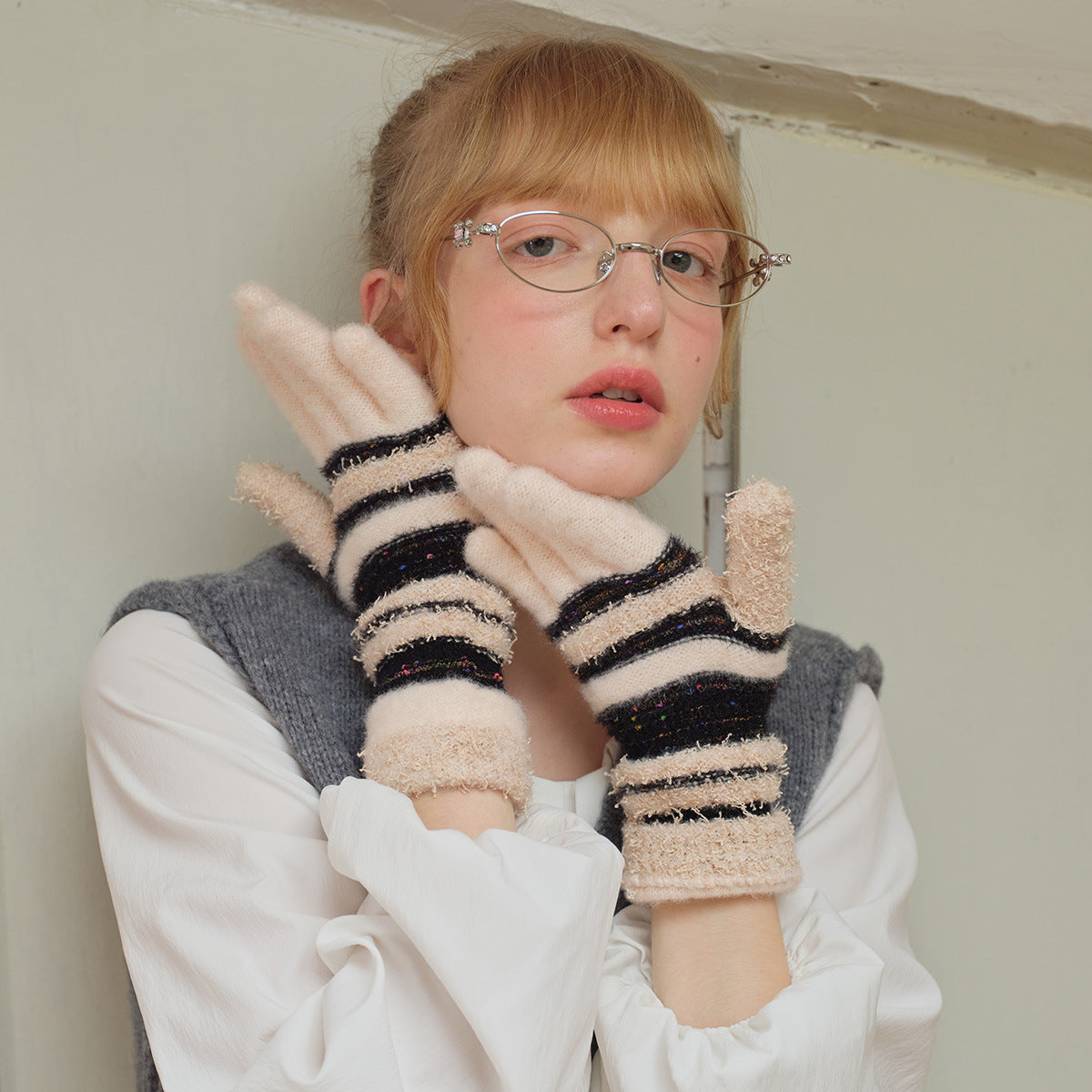 Striped Knit Fingerless Gloves For Women - Warm & Stylish