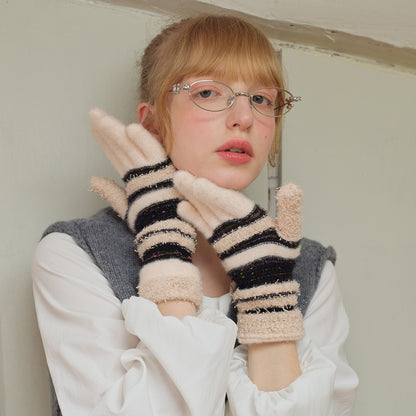 Striped Knit Fingerless Gloves For Women - Warm & Stylish