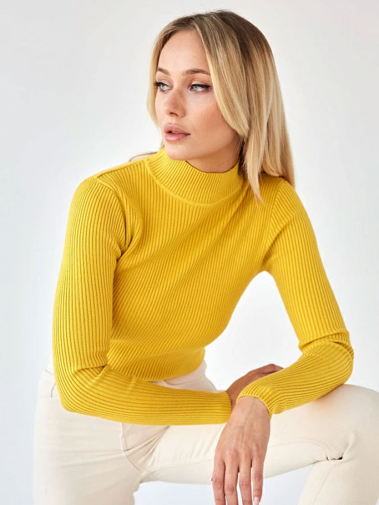 Solid Color High Neck Sweater Slim Fit Knitted Top