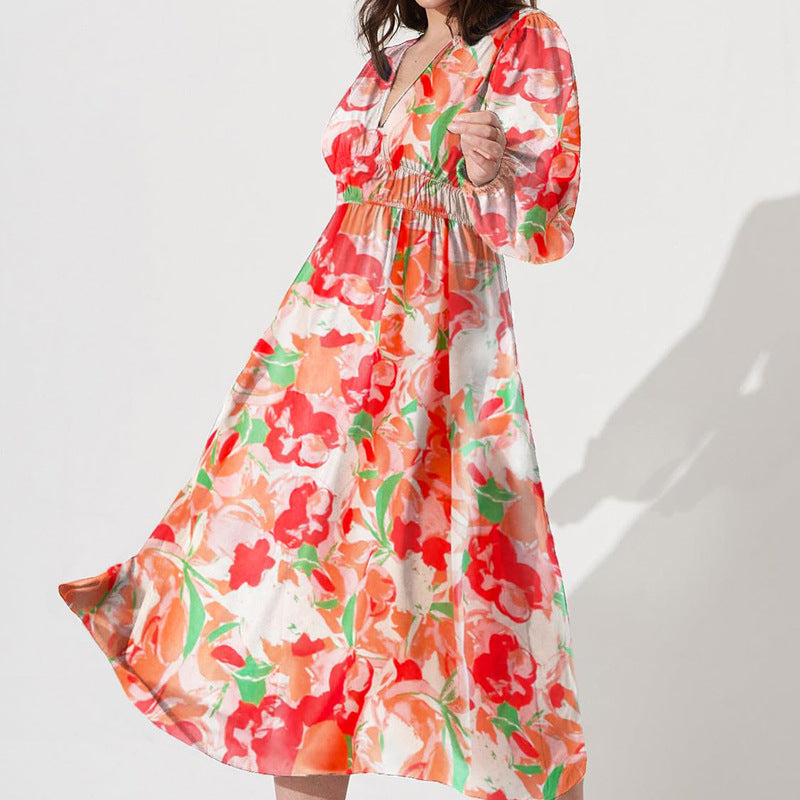 Bohemian Style New Spring And Autumn Deep V Print High Waisted Casual Long Sleeved Mid Length Dress