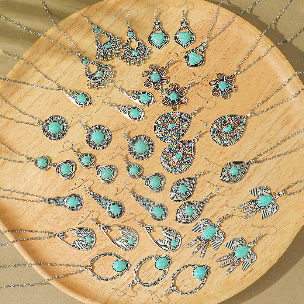 Bohemian Turquoise Long Drop Earrings Jewelry Set