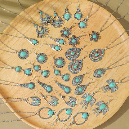 Bohemian Turquoise Long Drop Earrings Jewelry Set