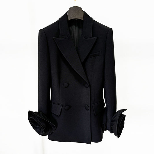 Stylish Double-Breasted Floral Embellished Blazer Jacket