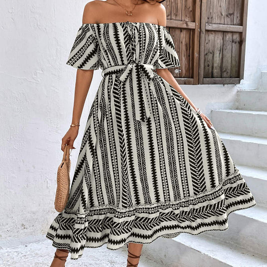 Bohemian Off Shoulder High Waist Lace Up Casual Stripe Plaid Dress