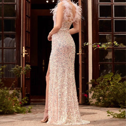 Sequin Feather Long Dress Elegant Commuter Dress