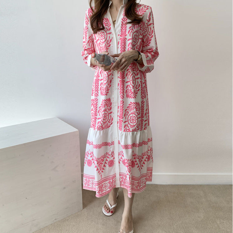 Bohemian Blue And White Porcelain Printed Women'S Shirt Long National Style Dress