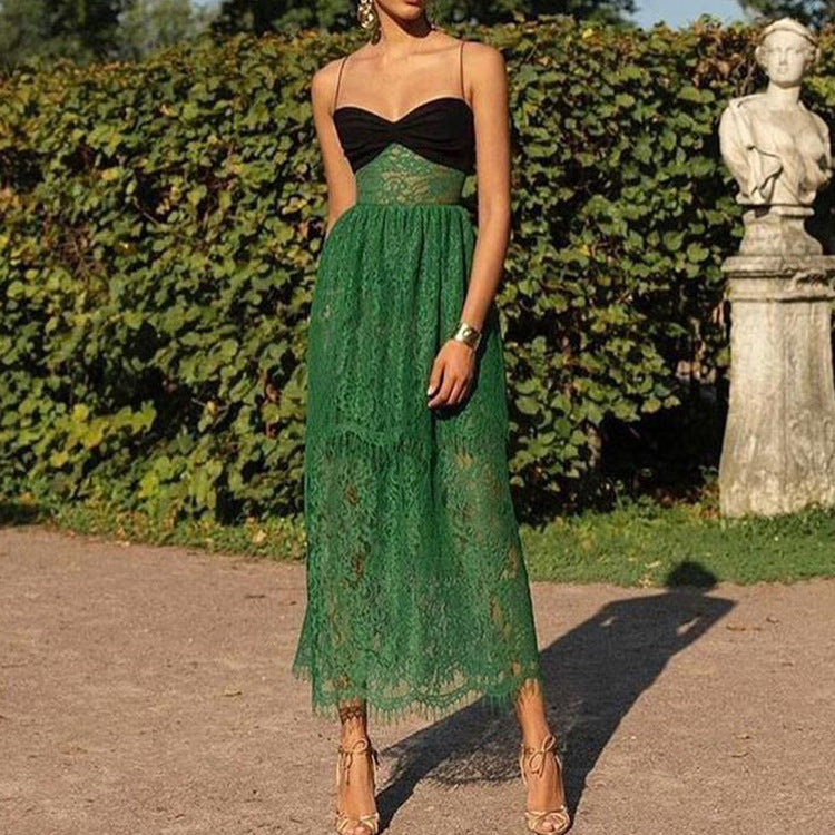 New Women'S Dress Suspender Sexy Lace Green Cutout Resort Multi-Layered Maxi Dress