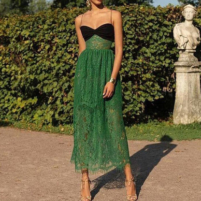New Women'S Dress Suspender Sexy Lace Green Cutout Resort Multi-Layered Maxi Dress