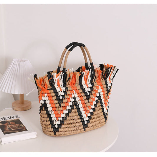 Color Block Vintage Tassel Woven Handbag