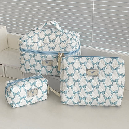 Bow Flower Large Capacity Makeup Bag Vintage Quilted Toiletry Pouch