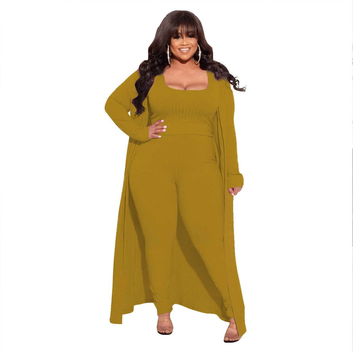 High Stretch Ribbed Three-Piece Set Stylish Casual Outfit