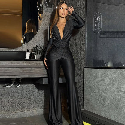 Elegant Slim-Fit Deep V Long Sleeve Jumpsuit