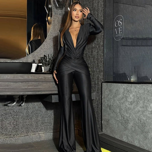 Elegant Slim-Fit Deep V Long Sleeve Jumpsuit