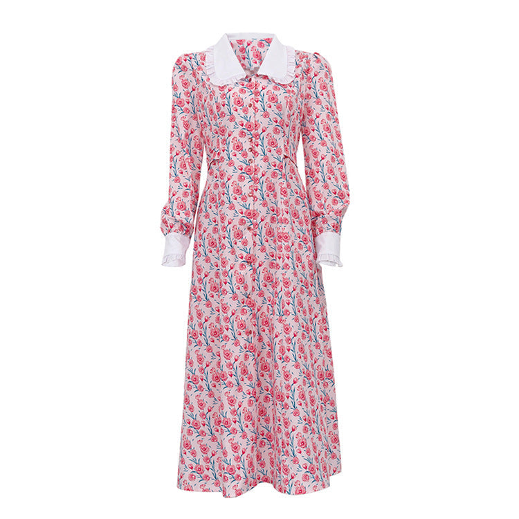 Elegant Floral Long Sleeve Dress with Peter Pan Collar