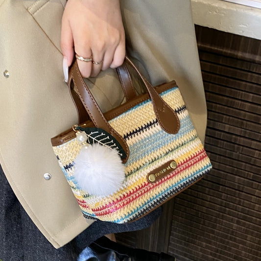 Colorful Woven Bucket Bag Stylish Casual Straw Handbag