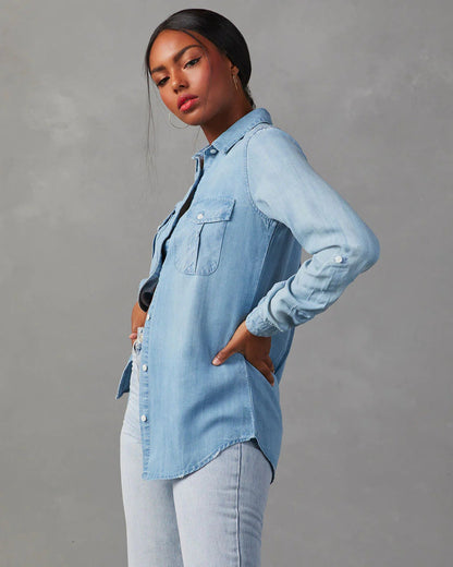 Casual Long Sleeve Denim Shirt With Polo Collar