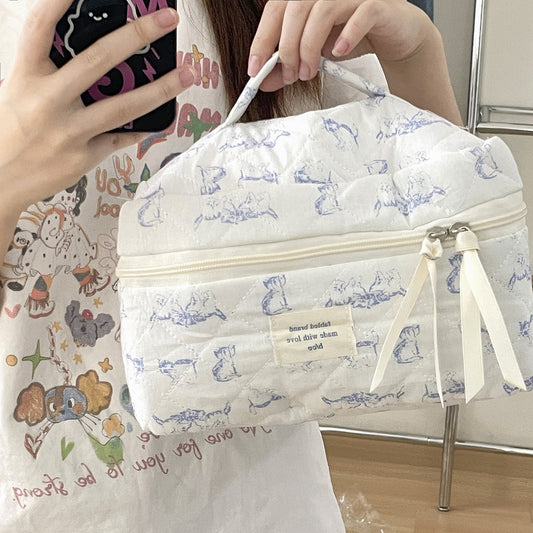 Floral Pattern Makeup Bag Soft Cotton Quilted Big Capacity Portable Toiletry Organizer