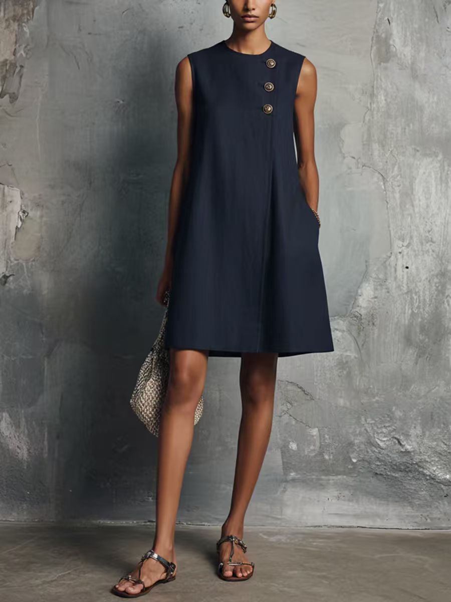 The Sculptural Button Shift Mini Dress