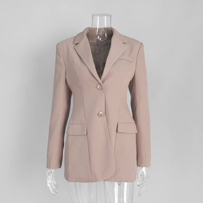 Tailored Women's Blazer with V-Neck and Waist-Cinching Design