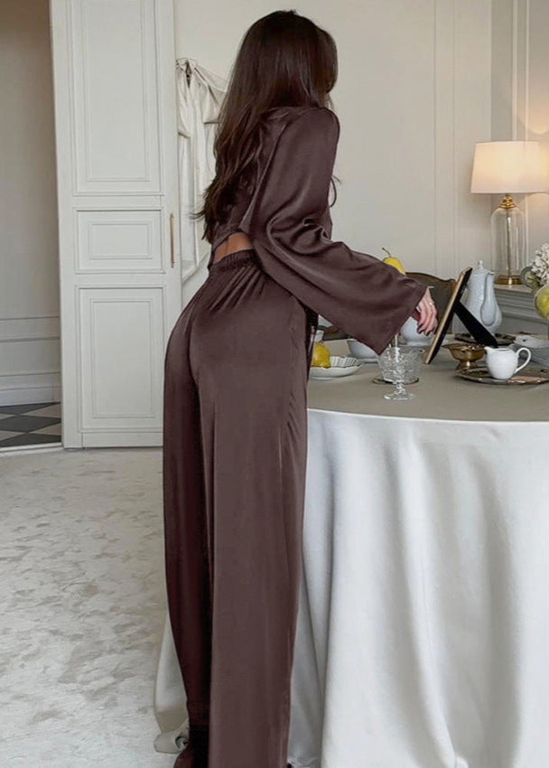 Satin Tie Front Top With Wide Leg Pants