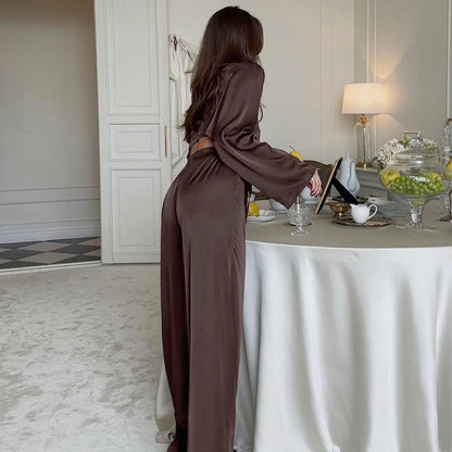 2 Piece Satin Tie Front Longewear Pajamas Set