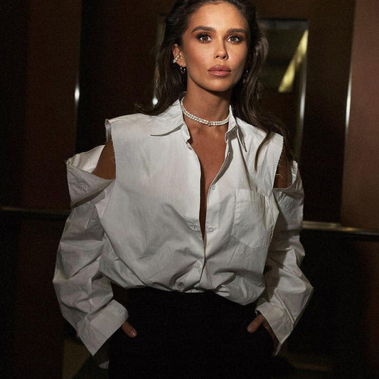 Chic White Long Sleeve Button-Up Shirt With Cold Shoulder