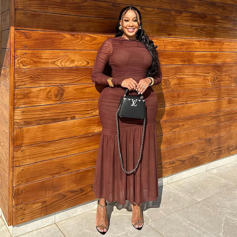 Elegant High Neck Long Sleeve Midi Dress