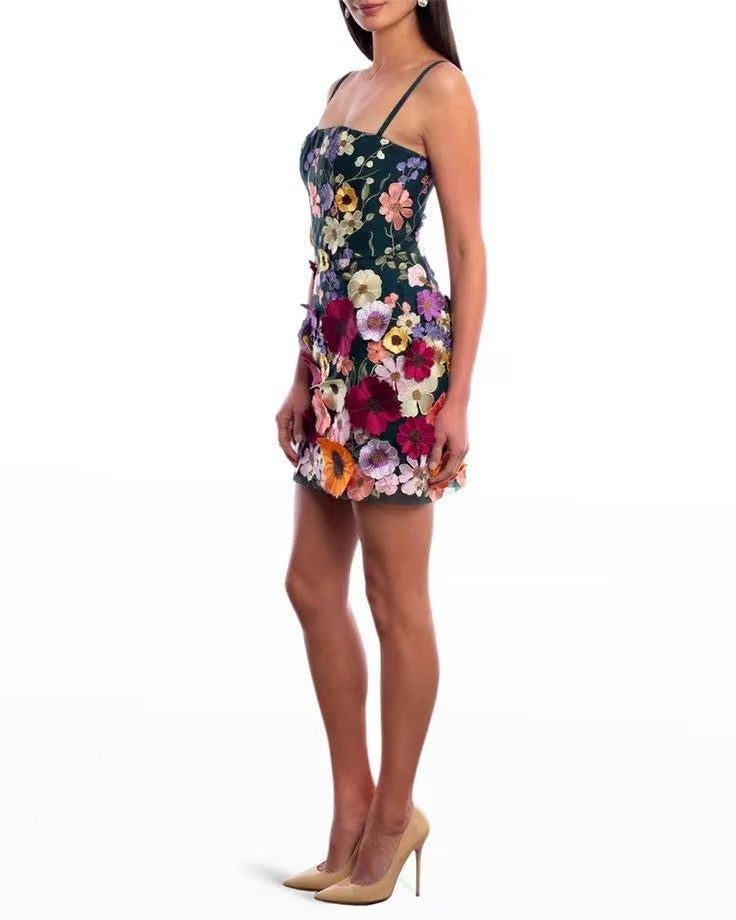 3D Floral Embroidered Slip Dress Elegant Polyester Summer Dress