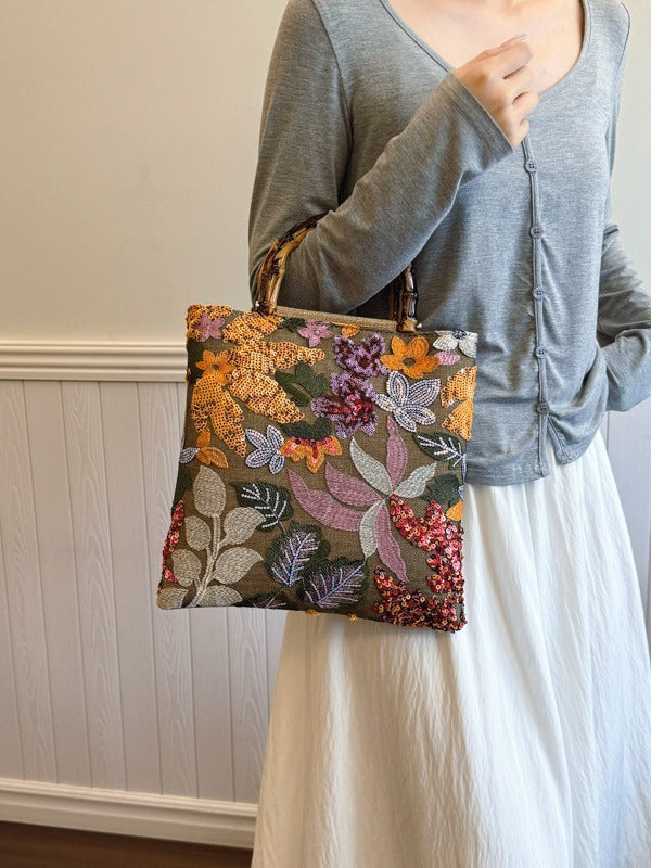 Embroidered Sequin Bamboo Tote Bag Stylish Evening Handbag