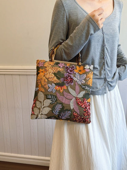 Embroidered Sequin Bamboo Tote Bag Stylish Evening Handbag